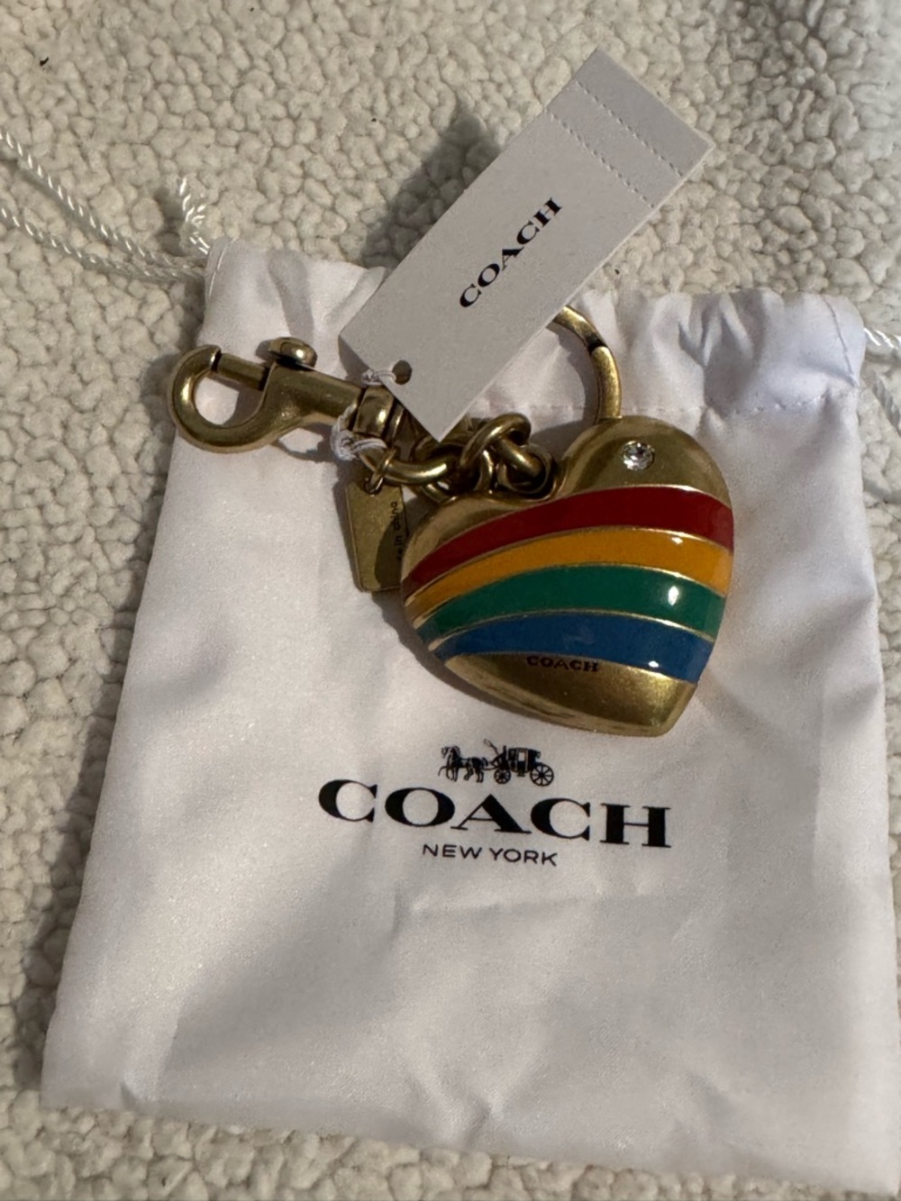Coach Gold-Tone Heart Keychain with Rainbow Enamel Stripes